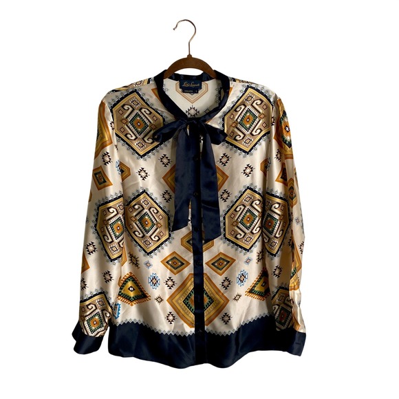 Luisa Spagnoli Tops - VTG Luisa Spagnoli Silk Blouse L Bow Aztec Geometric Southwestern 80s 90s *FLAWS